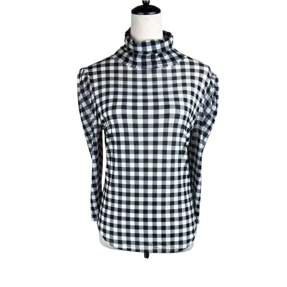 Free People Gathered Turtleneck Black & White Gingham Checkered Mesh Slim Top